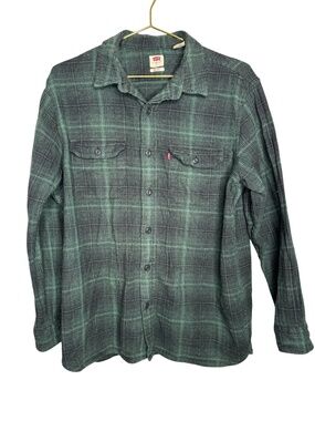 Levis Flannel Shirts Men Large Green Black Relaxed Fit Plaid Button up Pocket